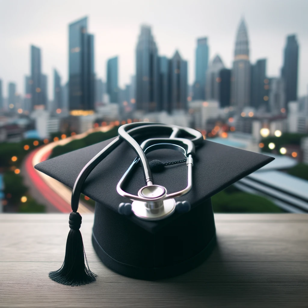 Graduation hat with city background. 