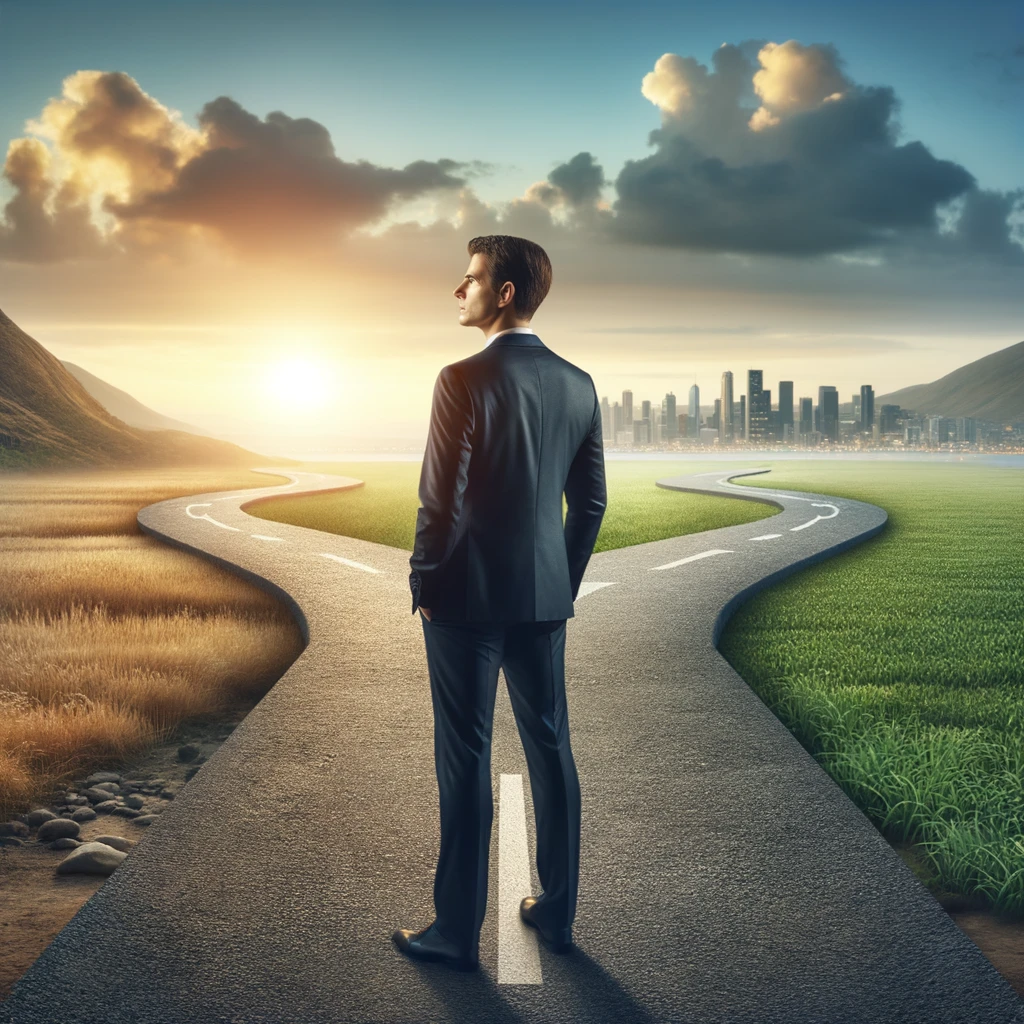 Photo of a businessman standing at a crossroads in a vast landscape, looking contemplative. One path is paved and well-lit, leading to a cityscape in the distance, symbolizing immediate gains. The other path is a bit rugged and less defined, disappearing into a horizon with a glowing sunrise, representing unseen opportunities and potential benefits.