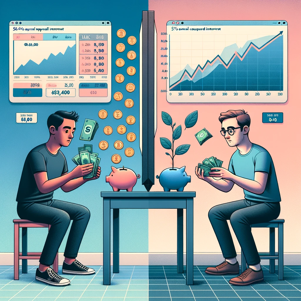 Illustration - The Tale of Two Investors: A split screen showing two scenes side by side. On the left, Alex, a young Hispanic man in his 30s with short black hair, is shown depositing money into a bank, with a digital screen above him showing a graph with a steep upward curve and the text '5% annual compound interest'. The background has a calendar showing the year he starts investing. On the right, Bailey, a Caucasian man in his 40s with light brown hair and glasses, is shown doing the same but with a calendar indicating he started ten years later. Above them, two piggy banks float. Alex's piggy bank is significantly fuller and has a label reading '$34,500', while Bailey's is slightly less full with a label reading '$26,500'. The background of this illustration is in soft pastel shades, emphasizing the passage of time.
